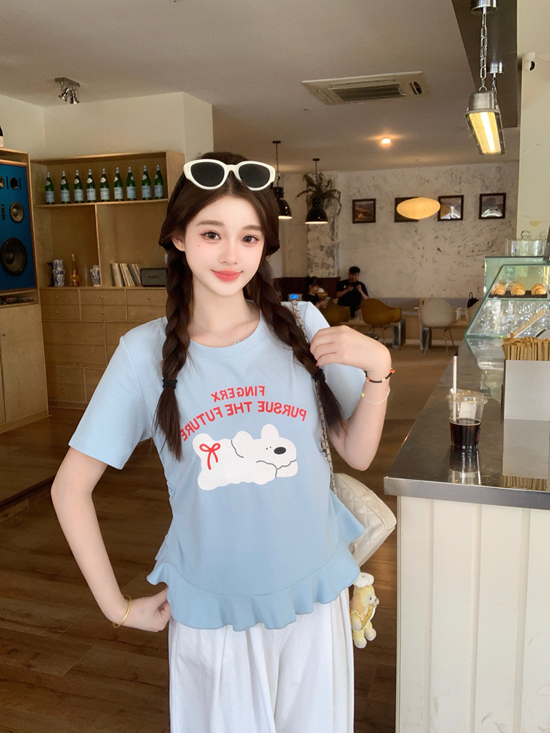 실사 2026 여름 드레스 새로운 지방 mm 빅 사이즈 여성 달콤함 만화 프린트 강아지 프릴 반팔 티셔츠