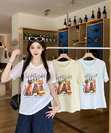 실사 2026 여름 드레스 새로운 지방 mm 빅 사이즈 여성 미니멀리즘 만화 프린트 라운드 넥 루즈핏 슬림해 보이는 반팔 티셔츠
