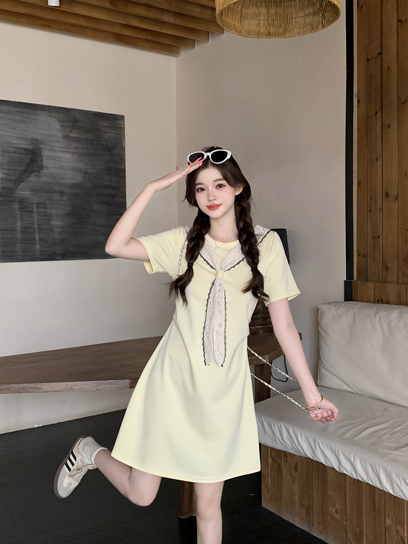 실사 2026 여름 드레스 새로운 지방 mm 빅 사이즈 여성 한 부서 달콤함 레이스 숄 허리 수축 슬림해 보이는 반팔 드레스