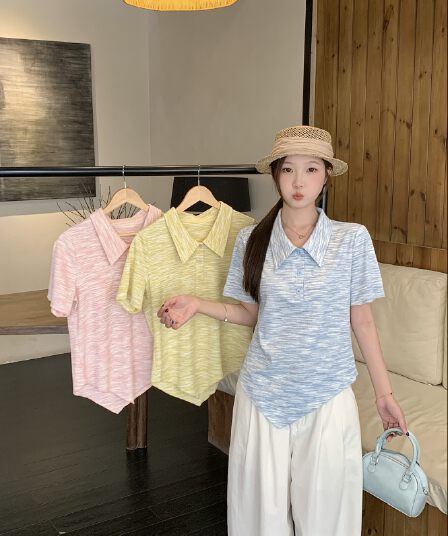 실사 2026 여름 드레스 새로운 지방 mm 빅 사이즈 여성 패션 홀치기 염색 폴로 칼라 도파민 불규칙 반팔 티셔츠