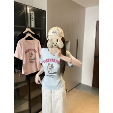 批发实拍2026夏装新款胖mm大码女甜美减龄卡通<b class='q'>印花</b>小猫弧形短袖<b class='q'>T</b><b class='q'>恤</b>