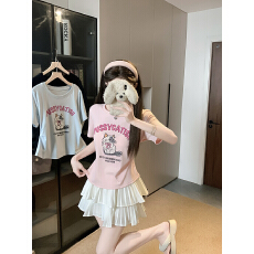 批发实拍2026夏装新款胖mm大码女甜美减龄卡通<b class='q'>印花</b>小猫弧形短袖<b class='q'>T</b><b class='q'>恤</b>