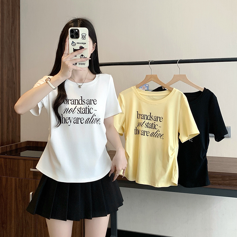 실사 2026 여름 드레스 새로운 지방 mm 빅 사이즈 여성 레저 프린트 알파벳 라운드 넥 곡선 꼬집기 허리 반팔 티셔츠