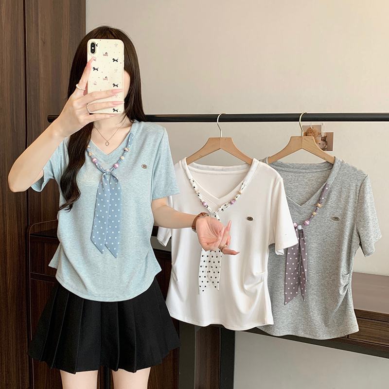 RY7527# 实拍2026夏装新款胖mm大码女时尚减龄学院风波点系带弧形...