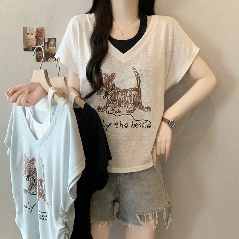 RY5893# 实拍2026夏装新款胖mm大码女韩系假两件印花小狗飞飞袖短袖T恤
