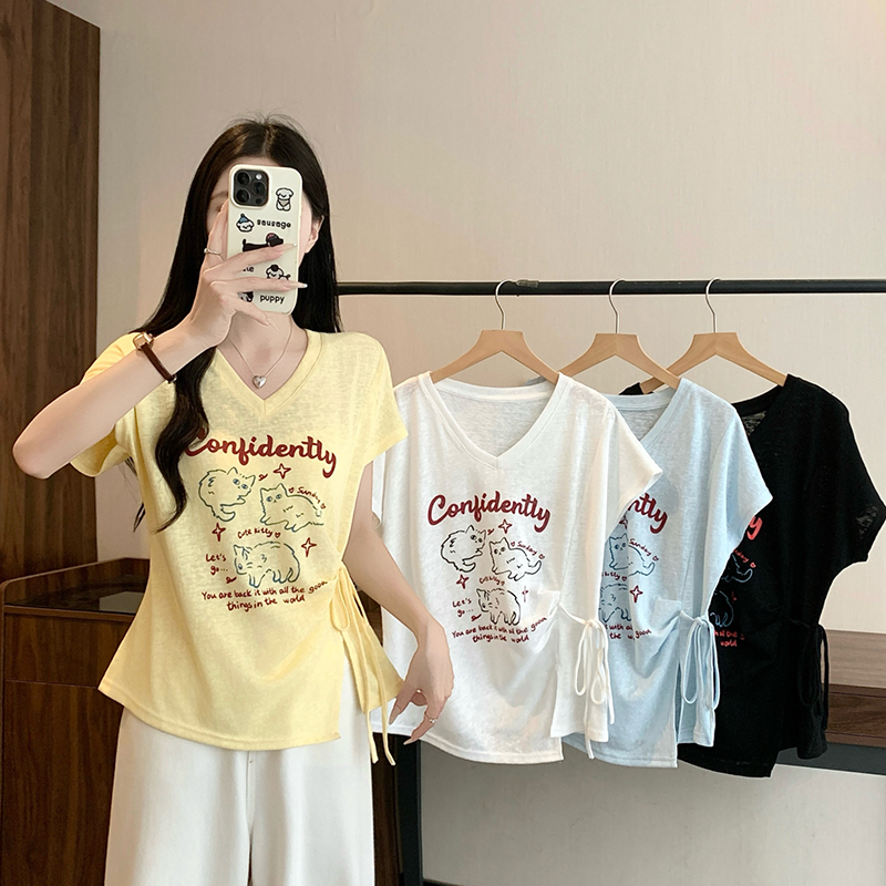 RY7526# 实拍2026夏装新款胖mm大码女甜美v领卡通印花绑带飞飞袖...