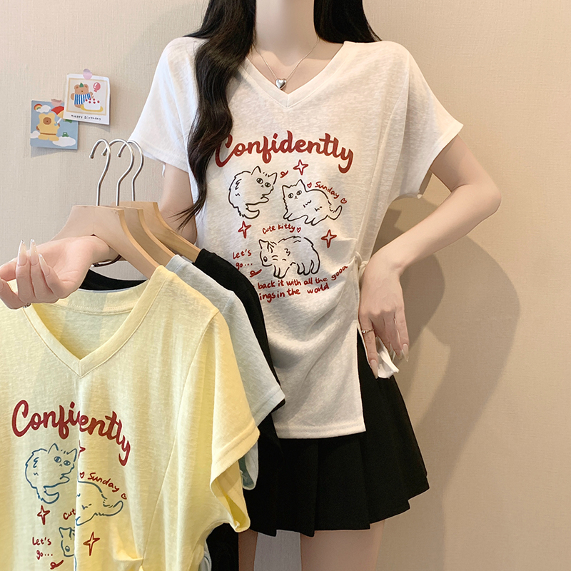 RY5892# 实拍2026夏装新款胖mm大码女甜美v领卡通印花绑带飞飞袖短袖T恤