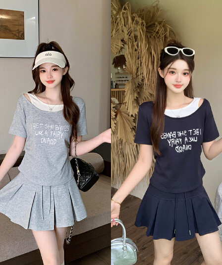 실사 2026 여름 드레스 새로운 지방 mm 빅 사이즈 여성 레저 배색 프린트 알파벳 반팔 미니 스커트 달콤한 매운맛 투피스 세트