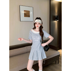 批发<b class='q'>实拍</b>2026夏装新款胖mm大码女休闲撞色印花字母短袖短裙甜辣两件套