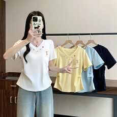 批发实拍2026夏装新款胖mm大码女甜美时尚卡通印花掐腰弧形短袖T恤