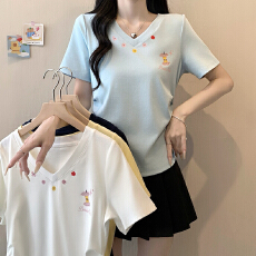 批发实拍2026夏装新款胖mm大码女甜美时尚卡通印花掐腰弧形短袖T恤