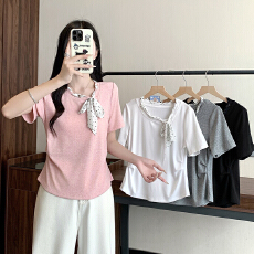 批发实拍2026夏装新款胖mm大码女韩系系带波点丝巾掐腰弧形短袖T恤