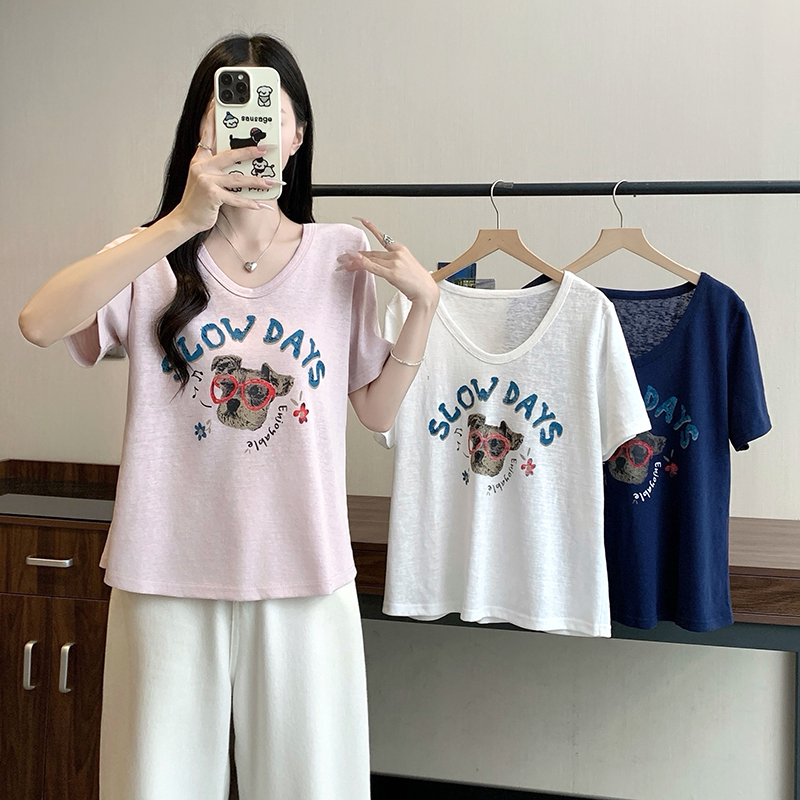RY7536# 实拍2026夏装新款胖mm大码女休闲百搭v领卡通印花显瘦短袖T恤