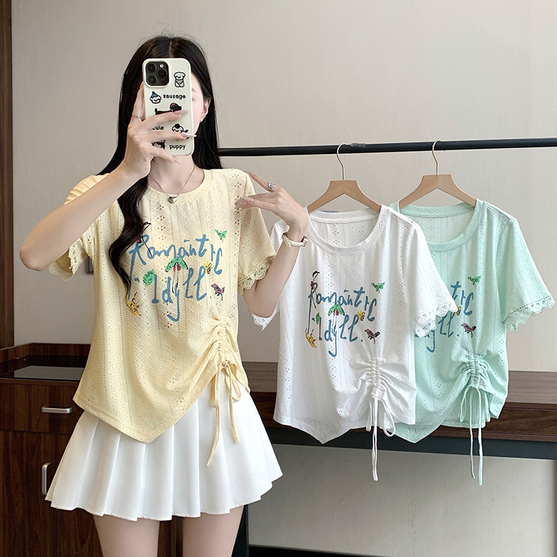 RY7534# 实拍2026夏装新款胖mm大码女韩系镂空印花字母抽绳短袖T恤