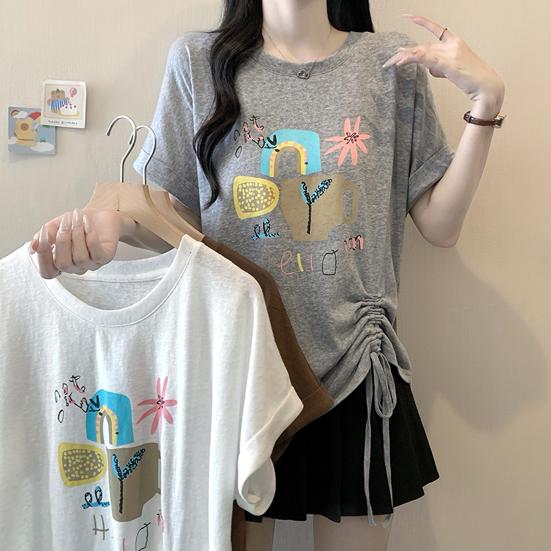 RY7531# 实拍2026夏装新款胖mm大码女韩系休闲卡通印花飞飞袖抽绳短袖T恤
