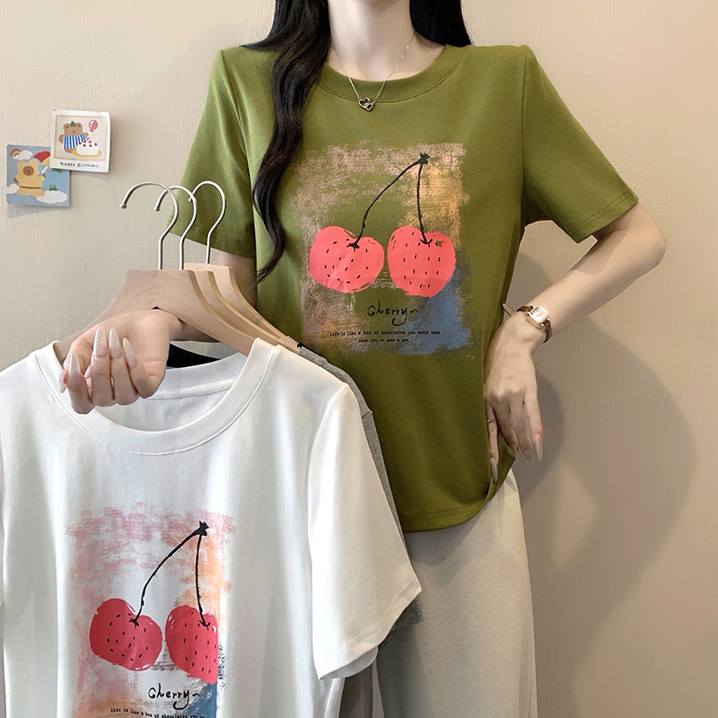 RY7530# 实拍2026夏装新款胖mm大码女简约休闲印花樱桃圆领短袖T恤