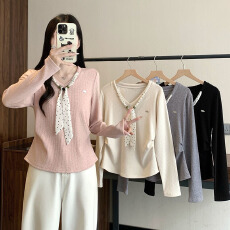 批发实拍2026<b class='q'>秋装</b>新款胖mm大码女韩系温柔风波点飘带长袖坑条针织上衣