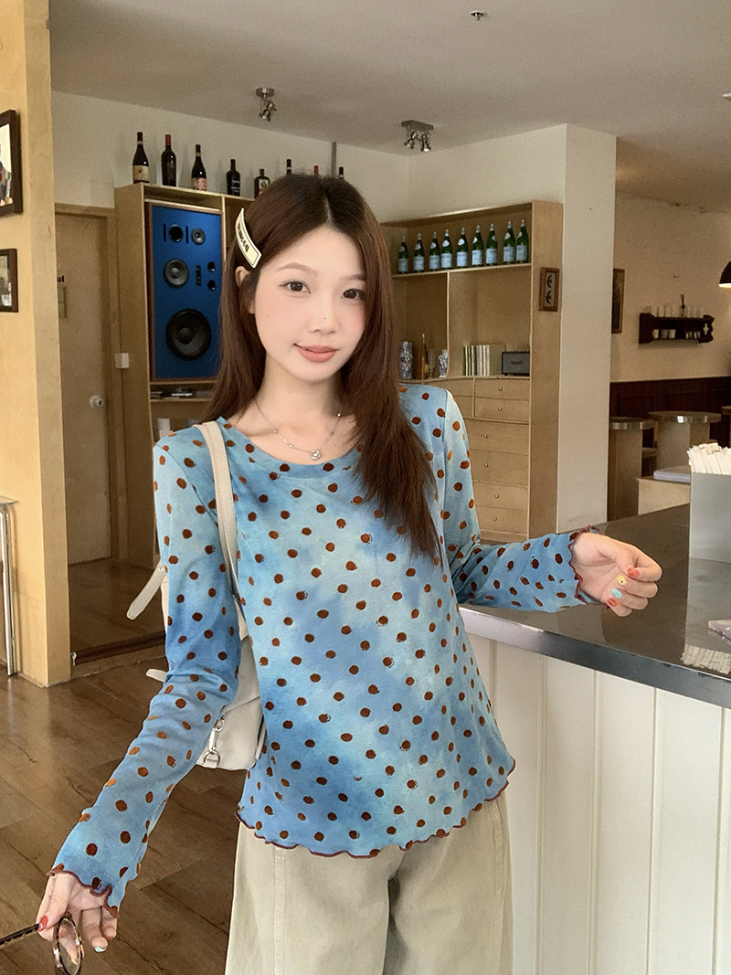 BY34258# 秋装新款胖mm大码女时尚设计感撞色波点圆领长袖小衫上衣 服裝批發女裝批發服飾貨源