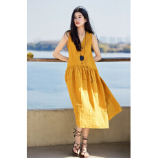 批发XWI欣未100%<b class='q'>纯棉</b>海边度假风无袖<b class='q'>连衣裙</b>女夏季V领修身显瘦丁达尔裙