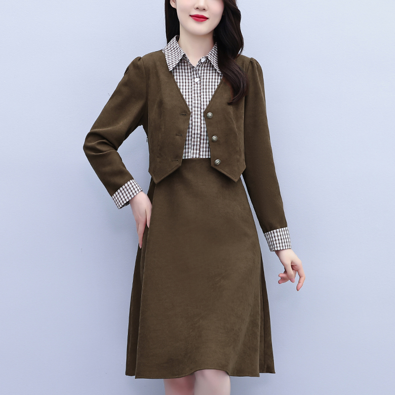 大码女装秋冬新款精纺磨毛时尚拼接显瘦假两件中长款连衣裙女 服裝批發女裝批發服飾貨源