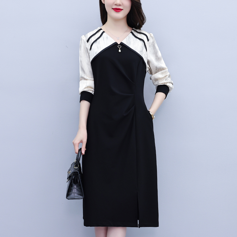 MY13857# 女裝貨源大码裙子韩版气质洋气显瘦V领拼接长袖简约中长款连...