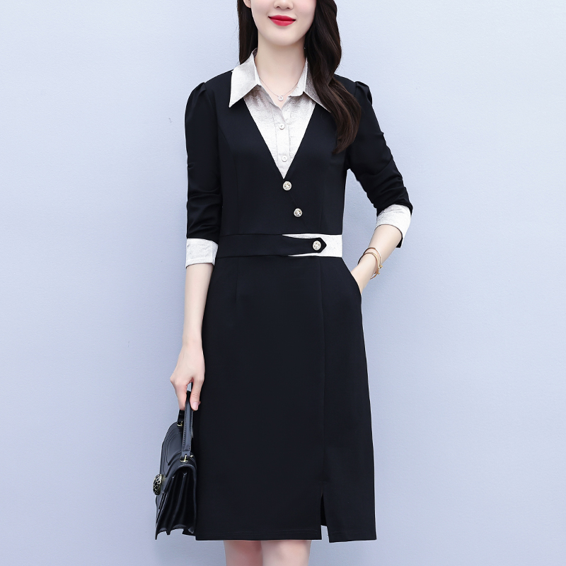 MY13856# 女裝貨源大码裙子气质洋气显瘦西装领拼接时尚简约中长款连衣...