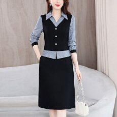 批发高端精致气质假俩件连衣裙2025秋季新款遮肉条纹显瘦减龄中长<b class='q'>裙子</b>