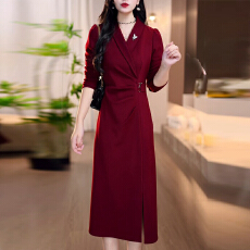 批发轻奢高级感V领长袖连衣裙女2025秋冬加厚显瘦简约洋气中长款<b class='q'>裙子</b>