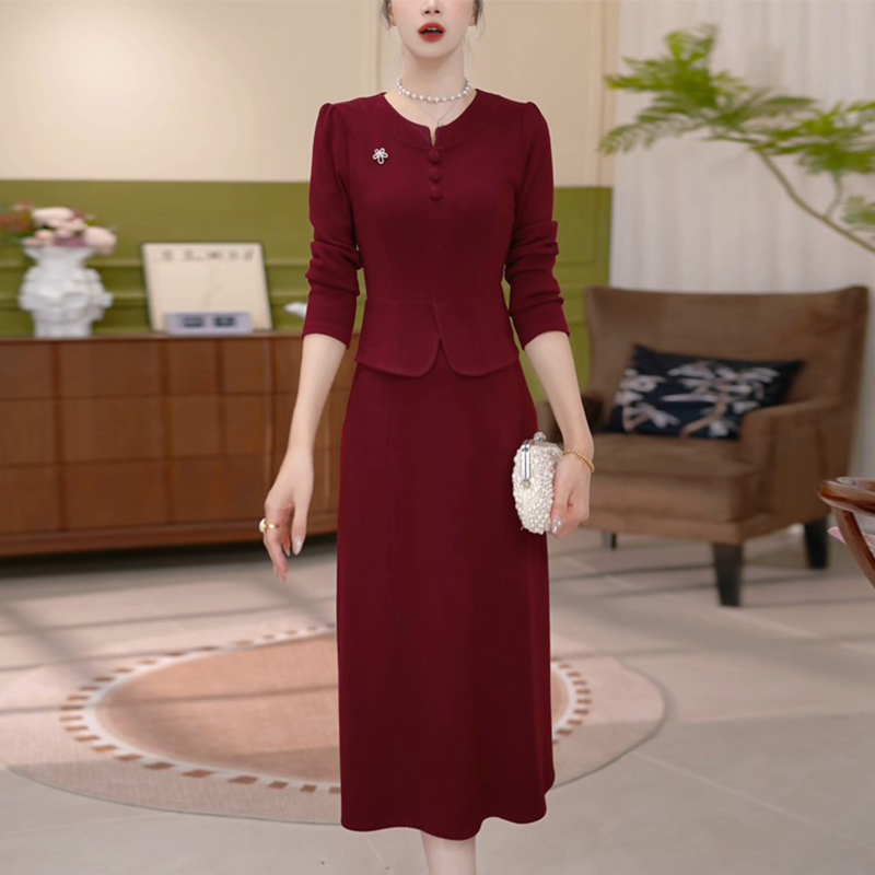 高档贵夫人长袖连衣裙女秋冬加厚配大衣喜婆婆婚宴礼服裙子 服裝批發女裝批發服飾貨源