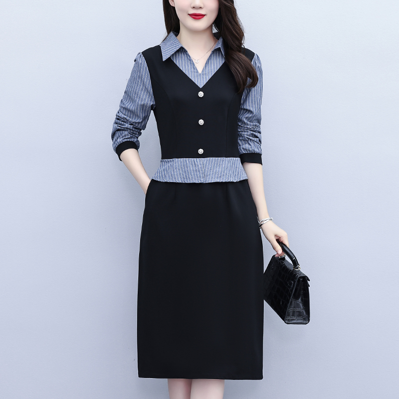 MY13854# 女裝貨源大码裙子新款遮肉条纹拼接气质假俩件显瘦减龄中长连...
