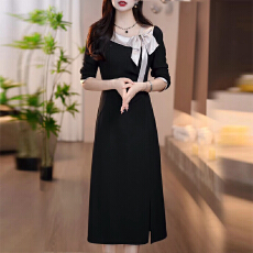 批发优雅高端轻奢洋气拼接连衣裙女2025秋冬新款遮肚简约显瘦中长<b class='q'>裙子</b>