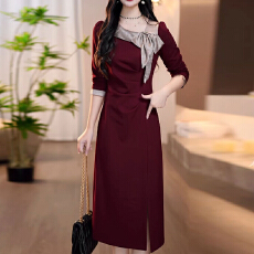 批发大码<b class='q'>裙子</b>2025秋冬新款法式洋气拼接显瘦御姐风气质减龄长袖连衣裙