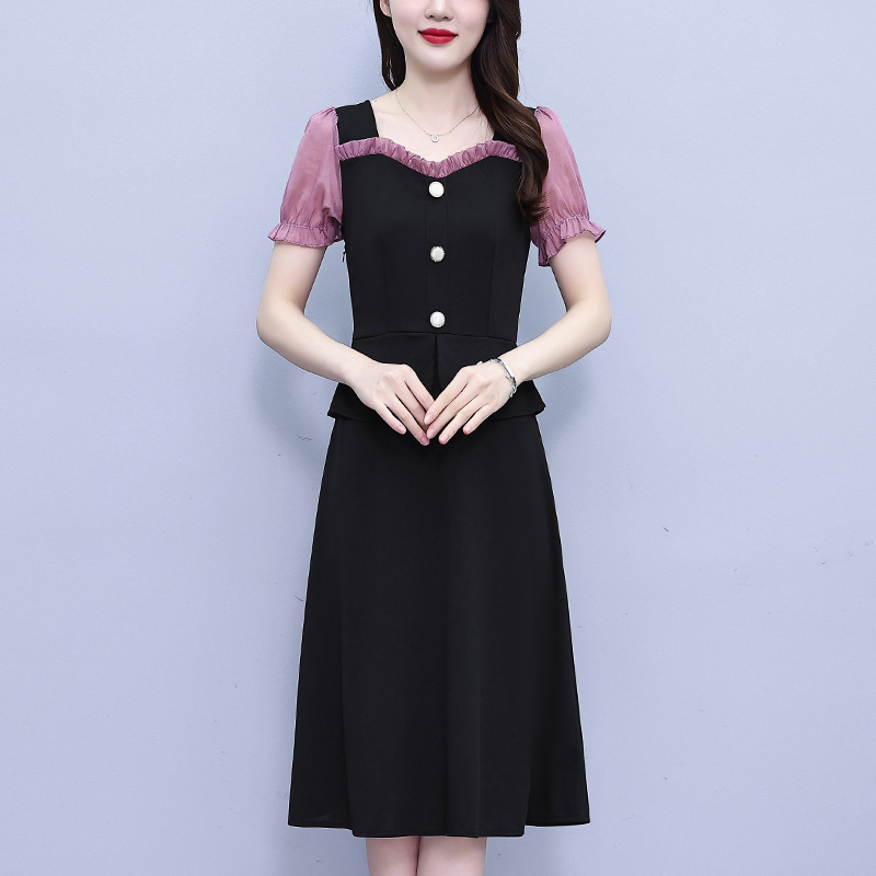 빅 사이즈 치마 2026 여름 지방 mm 프릴 패치워크 외국 가스 슬림해 보이는 명문 여성 중간 길이 드레스 숙녀