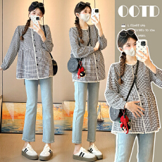 批发实拍孕妇春秋<b class='q'>格子</b><b class='q'>衬衫</b>甜美花边拼接宽松大码显瘦开衫