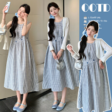 批发实拍夏新款防晒小衫+清新格子背心裙显瘦气质大码两件套