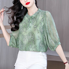 批发高档2026新款时尚<b class='q'>妈妈</b>衬衫气质洋气减龄衬衣印花百搭雪纺小衫上衣