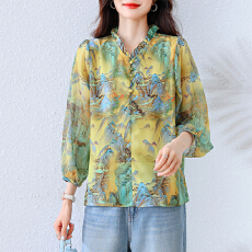 批发雪纺大码衬衫女2026夏季新款时尚宽松中年妈妈七分袖碎花小衫上衣