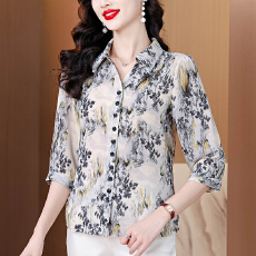批发时尚<b class='q'>妈妈装</b>七分袖印花雪纺衬衫夏季新款洋气高贵小衫<b class='q'>中老年</b>女上衣