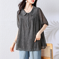 批发妈妈夏季新款半袖小衫女宽松<b class='q'>大码</b>女装娃娃领上衣遮肉显瘦t恤