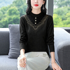 批发厚绒打底衫女新款外穿打底衫加绒加厚保暖半高领妈妈蕾丝时尚洋气
