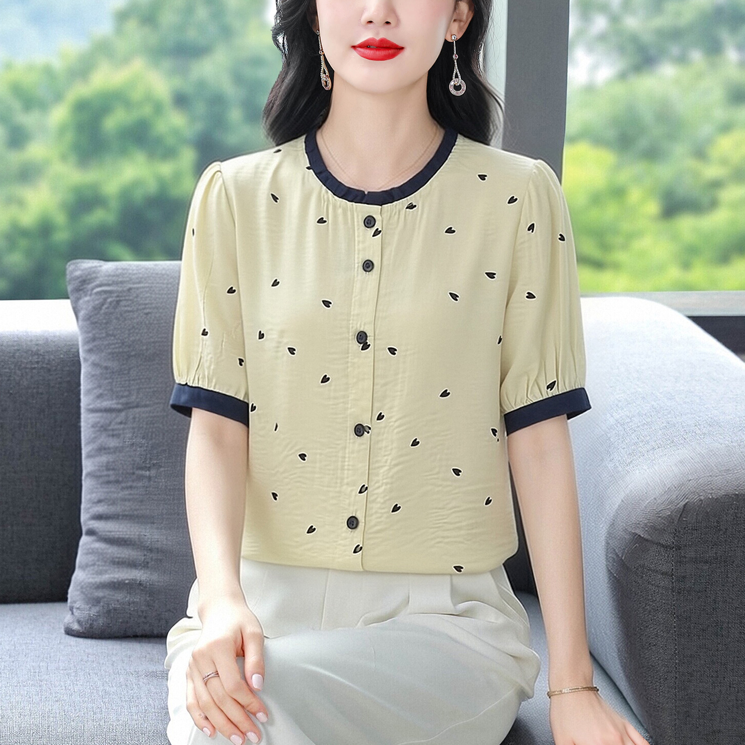 면 린넨 라운드 넥 여성 셔츠 여름 얇고 가벼운 통기성 캐주얼 반소매 면 린넨 작은 셔츠 슬림해 보이는 어머니 드레스 맨위