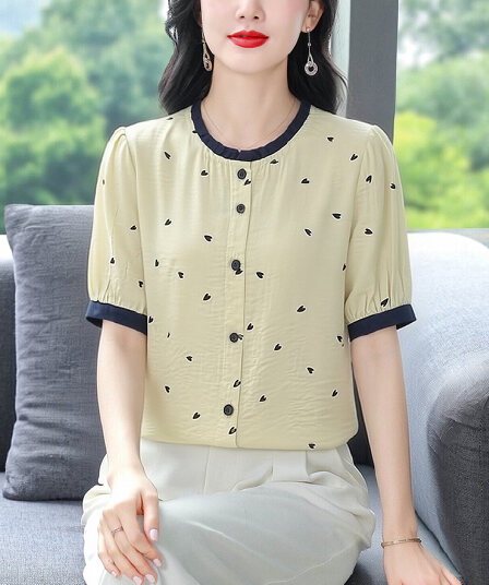면 린넨 라운드 넥 여성 셔츠 여름 얇고 가벼운 통기성 캐주얼 반소매 면 린넨 작은 셔츠 슬림해 보이는 어머니 드레스 맨위