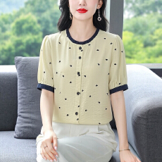 批发棉麻圆领衬衫女夏季轻薄透气休闲半袖棉麻小衫显瘦<b class='q'>妈妈装</b>上衣