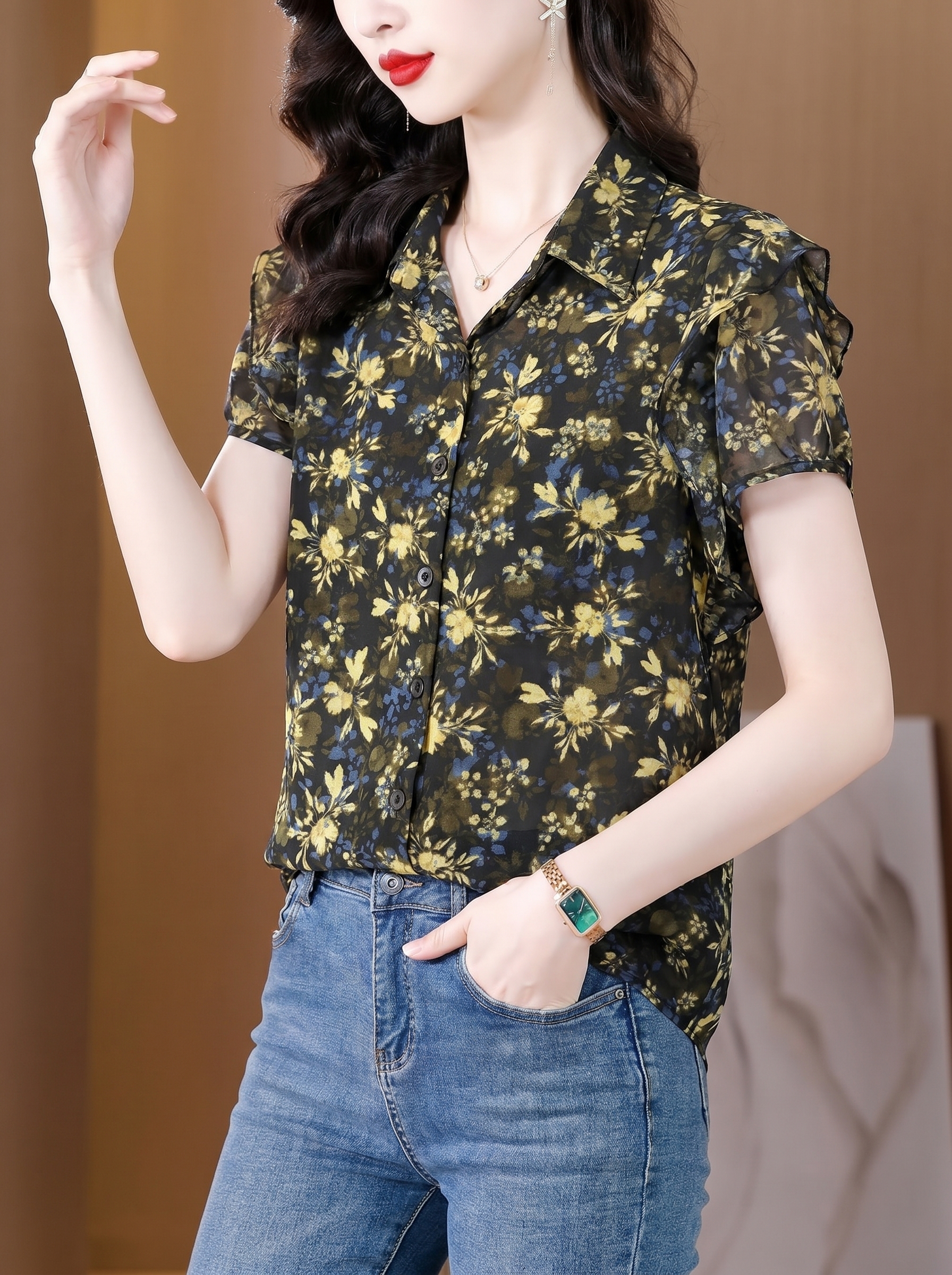 여름 새로운 엄마 외국 가스 빅 사이즈 루즈핏 표지 고기 폴로 칼라 오픈 가디건 루즈핏 표지 배 고급 셔츠