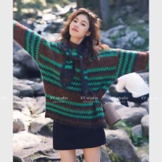 批发绿咖色条纹连帽毛衣<b class='q'>开衫</b>外套韩系早秋氛围感穿搭宽松针织衫上衣女