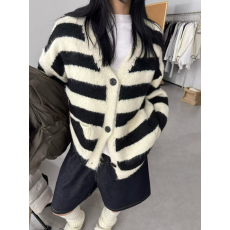 批发2025新款<b class='q'>韩版</b>宽松显瘦圆领长袖条纹针织开衫<b class='q'>毛衣</b>外套女