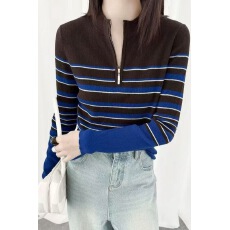 秋冬新款套头打底衫半高圆领羊毛针织衫显瘦百搭修身长袖条纹上衣