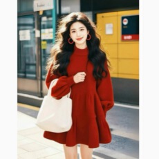 批发新年红色<b class='q'>连衣裙</b>女半高领<b class='q'>灯笼</b>袖蓬蓬a字短裙女装新款裙子