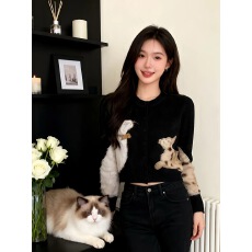 批发两只小猫秋冬款开衫新款休闲保暖针织毛衣软糯上衣