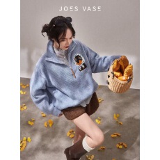 批发乔与花樽×LAB木隐蓝色毛衣女2025秋季新款复古宽松外穿上衣